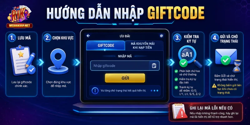 Giftcode Rikvip – Cách Nhận, Nhập Code Và Kiểm Tra Quà 2026 Các bước hướng dẫn nhập mã giftcode tại RIKVIP