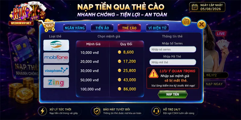 Nạp Tiền RIKVIP - Phương Thức, Quy Trình Và Lỗi Thường Gặp Phương thức nạp tiền RIKVIP qua thẻ cào điện thoại