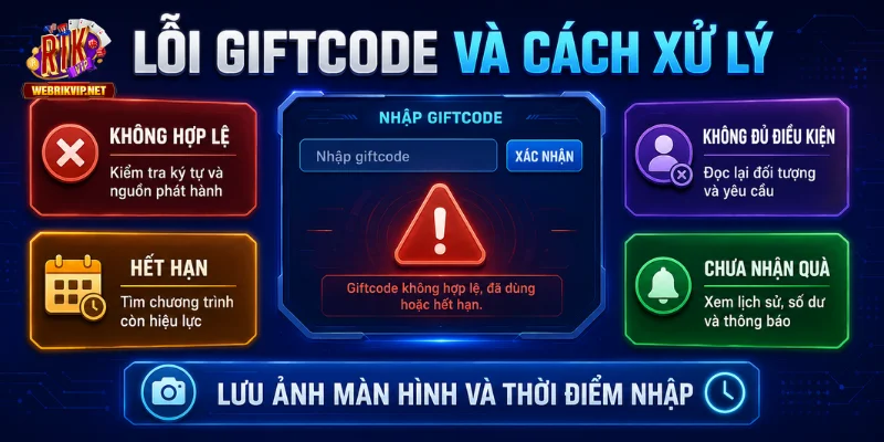 Giftcode Rikvip – Cách Nhận, Nhập Code Và Kiểm Tra Quà 2026 Thông báo các lỗi khi nhập code và hướng xử lý