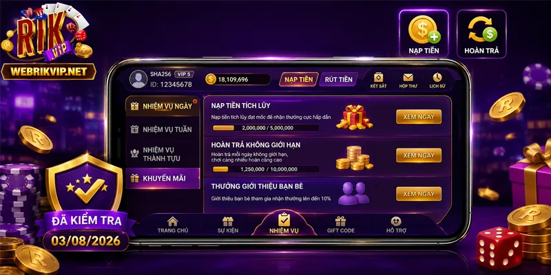 Ưu đãi nạp và hoàn trả tại RIKVIP công bố thông tin rõ ràng